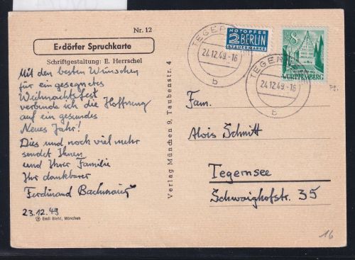 Französische Zone Württemberg 16 auf Postkarte als Einzelfrankatur #OV074