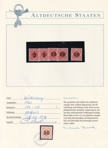 Württemberg Dienstmarken 184-188 postfrisch Borek Garantie #OV171