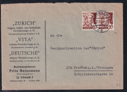 Französische Zone Baden 21 auf Brief als Mehrfachfrankatur portogerecht #DAL14