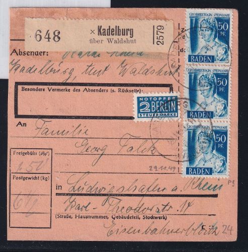 Französische Zone Baden 24 auf Brief als Mehrfachfrankatur Paketkarte #DAL18