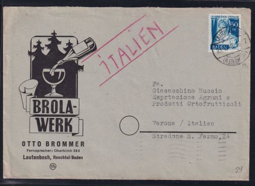 Französische Zone Baden 24 auf Brief als Einzelfrankatur portogerecht #DAL19