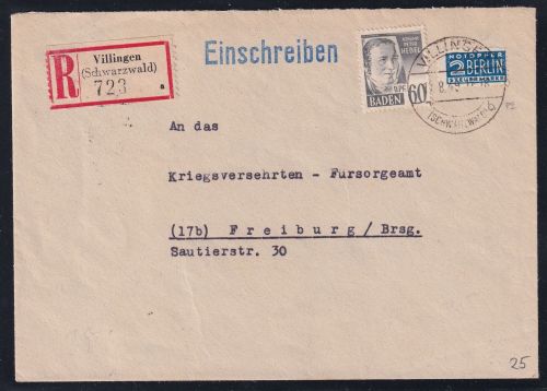 Französische Zone Baden 25 auf Brief als Einzelfrankatur portogerecht #DAL20