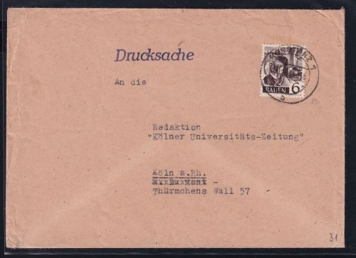 Französische Zone Baden 31 auf Brief als Einzelfrankatur portogerecht #DAL27