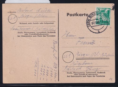 Französische Zone Rheinland Pfalz 18 auf Postkarte als EF, portogerecht #DAL38