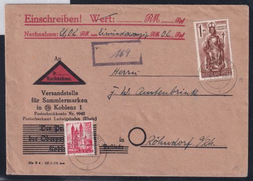 Französische Zone Rheinland Pfalz 15 auf Brief als MiF, portogerecht #DAL40