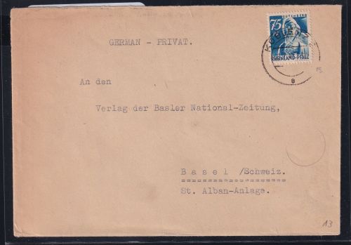 Französische Zone Rheinland Pfalz 13 auf Brief als EF, portogerecht #DAL42