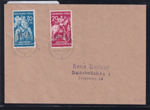 Französische Zone Rheinland Pfalz 30-31 auf Brief geprüft Schlegel BPP #DAL48