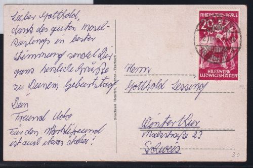 Französische Zone Rheinland Pfalz 30 auf Postkarte als EF, portogerecht #DAL50