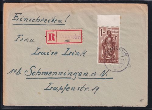 Französische Zone Rheinland Pfalz 15 auf Brief als EF, überfrankiert #DAL67