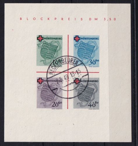 Französische Zone Baden Block 1 gestempelt geprüft Schlegel BPP #DAL68