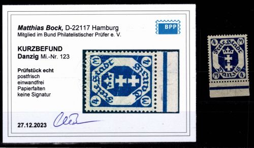 Danzig 123 Unterrand postfrisch Kurzbefund Bock BPP, mit Papierfalten #DBR64