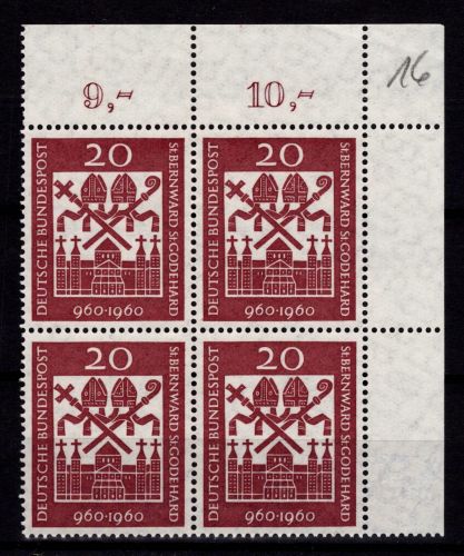 BRD Bund 336 Ecke 2 postfrisch im Eckrandviererblock #DBS18