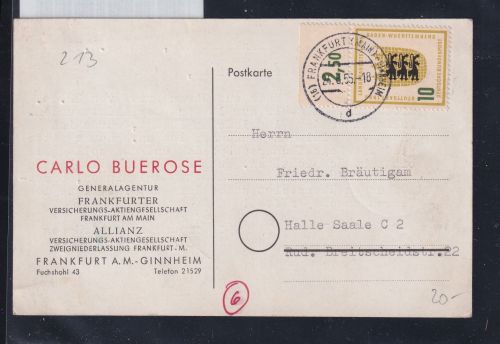 BRD 213 auf Postkarte als Einzelfrankatur Oberrand #DBS40