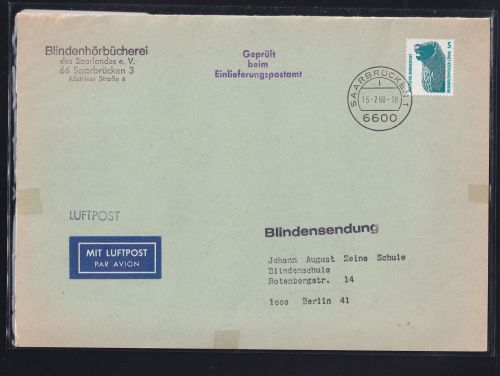 BRD 1448 auf Brief portogerechte Blinden-Luftpostsendung #DBS48