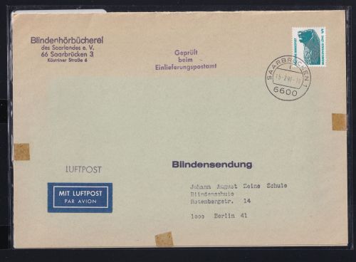 BRD 1448 auf Brief portogerechte Blinden-Luftpostsendung #DBS50