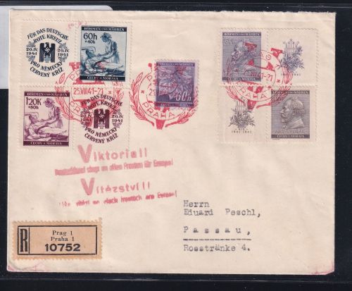 Böhmen und Mähren 62-63, 73-74 auf Brief Roter Sonderstempel Prag 1 #DBS56