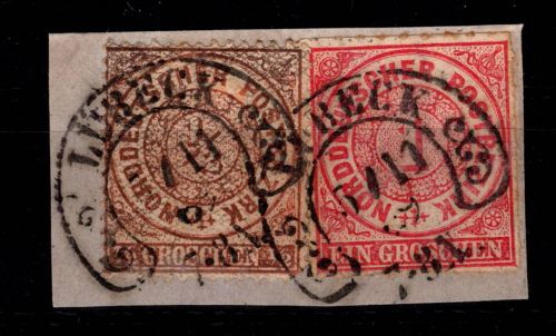 Bremen 3, 4 gestempelt auf Briefstück, Hufeisen Lübeck #DCU41