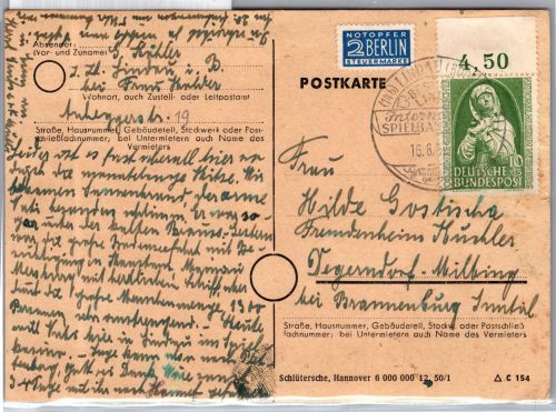 BRD Bund 151 auf Postkarte als Einzelfrankatur portogerecht #DDG48