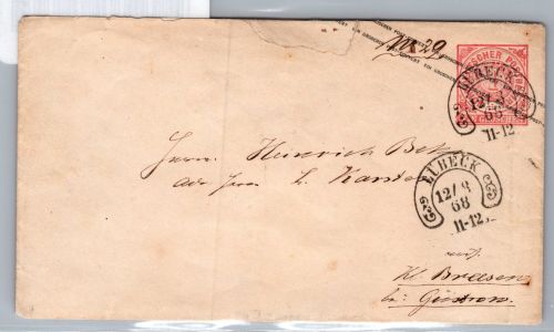 Norddeutscher Bund U 1 als Ganzsache mit Hufeisenstempel Lübeck #DCZ01