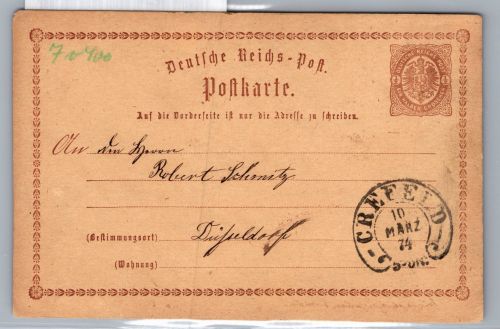 Deutsches Reich P 1 als Ganzsache mit Hufeisenstempel Crefeld #DCZ02