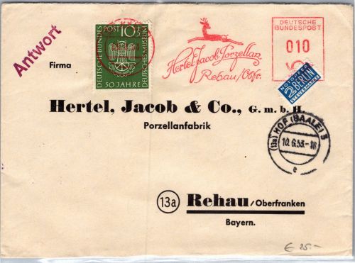 BRD 163 auf Brief als Mischfrankatur portogerecht mit rotem Freistempler #DDP11