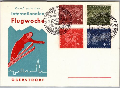 BRD Bund 332-335 auf Ausstellungskarte Ski Flugwoche Oberstdorf mit SSt. #DDV67