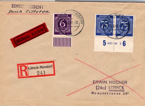 Alliierte Besetzung 934 HAN 4027.46 2 u.a. auf Brief Einschreiben Eilbote #DDW27