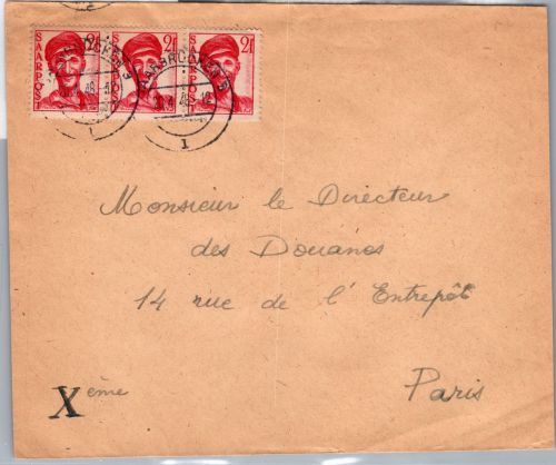 Saarland 242 auf Brief als Mehrfachfrankatur nach Frankreich portogerecht #DEA40