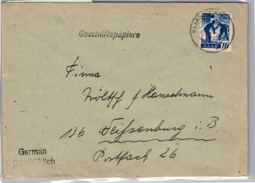 Saarland 213 auf Brief als Einzelfrankatur Geschäftspapiere #DEA51