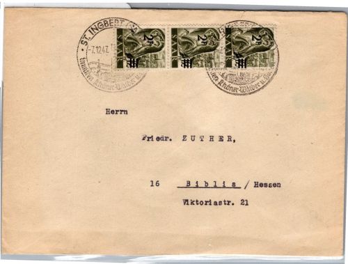 Saarland 229 Y I auf Brief als MeF im senkrechten 3er Streifen #DEA53