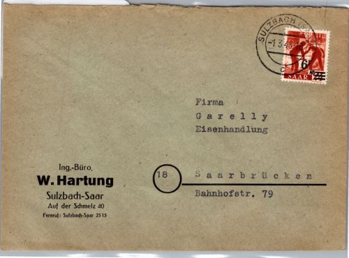 Saarland 233 II auf Brief als Einzelfrankatur Sulzbach - Saarbrücken #DEA55