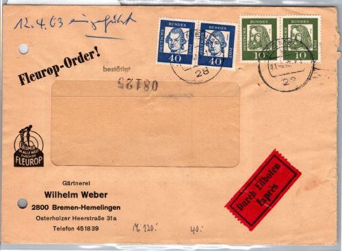 BRD 350 y, 355 y waag. Paar auf Brief als MiF Eilbote Express portoger. #DEB04