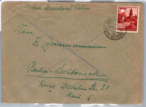 Generalgouvernement 42 auf Brief Deutsche Dienstpost Osten #DEB53