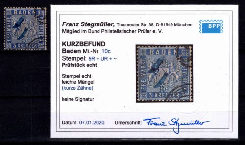 Baden 10 c gestempelt Kurzbefund Stegmüller BPP #DEG25