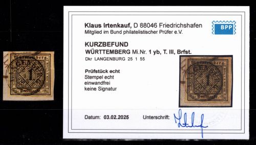 Württemberg 1 yb gestempelt einwandfrei, Kurzbefund Irtenkauf #DEL07