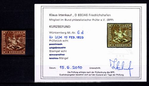 Württemberg 6 d gestempelt