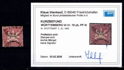 Württemberg 19 yb III gestempelt PF III, Kurzbefund Irtenkauf BPP #DEL99