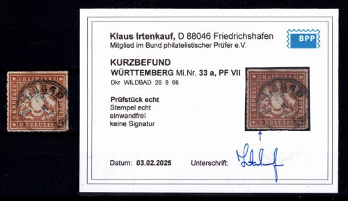 Württemberg 33 a VII gestempelt PF VII, Kurzbefund Irtenkauf BPP #DEM00