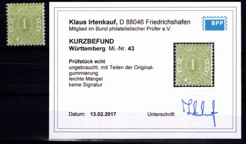 Württemberg 43 mit Falz Kurzbefund Irtenkauf BPP #DEM53