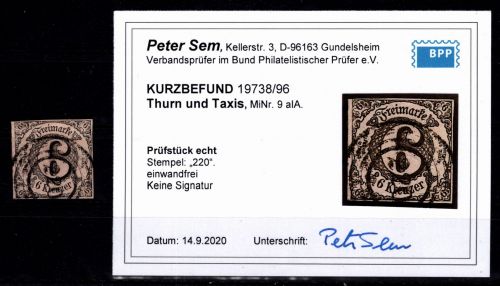 Thurn & Taxis 9 a I A gestempelt Kurzbefund Sem BPP #DEN17