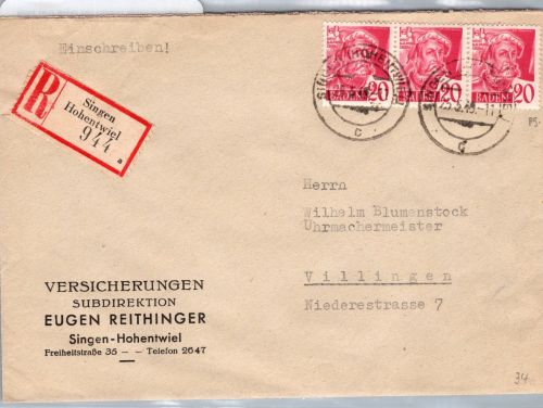 Französische Zone Baden 34 im 3er Streifen auf Brief Einschreiben #DBO82