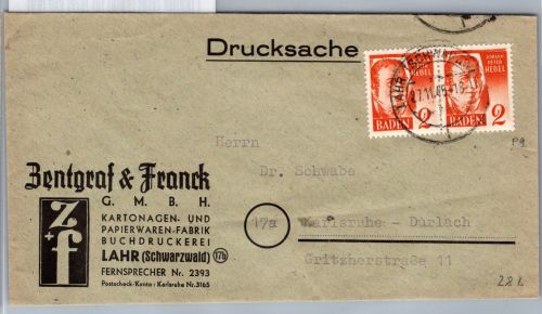 Französische Zone Baden 28 auf Brief Drucksache #DBO85
