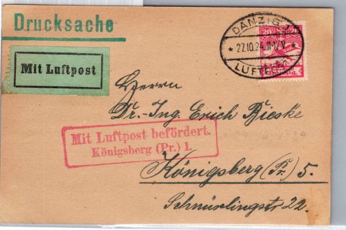 Danzig 203 auf Postkarte Drucksache Luftpost #DBQ02