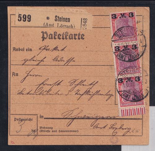 Deutsches Reich 155 II im 3er Streifen auf Paketkarte #DBQ71