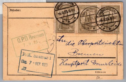 Deutsches Reich 262 auf Postkarte als Mehrfachfrankatur OPD Bremen #DCG92