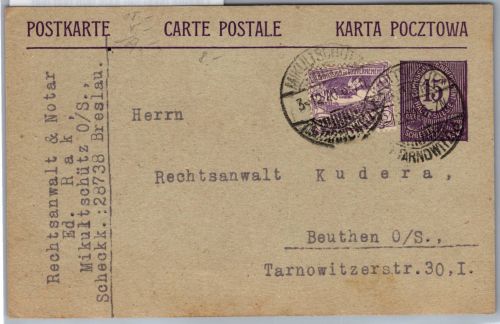 Oberschlesien P2 als Ganzsache mit Zusatzfrankatur #DCG97