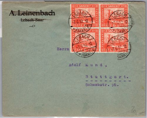 Saargebiet 98 im 4er Block auf Brief als Mehrfachfrankatur #DCH01