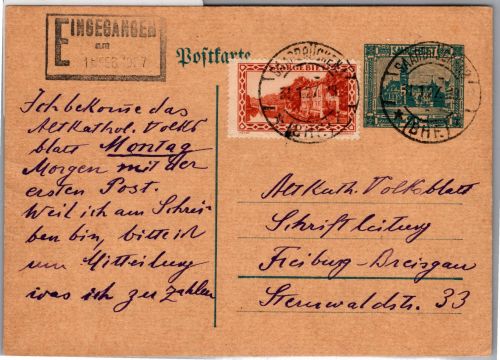 Saargebiet P18, 110 als Ganzsache mit Zusatzfrankatur #DCH03