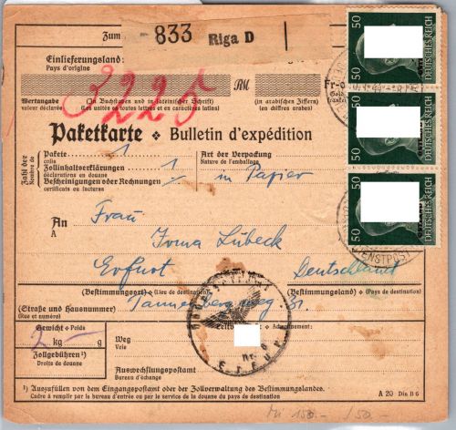 Deutsche Besetzung Ostland 16 MeF auf Paketkarte Riga Erfurt #DCH81