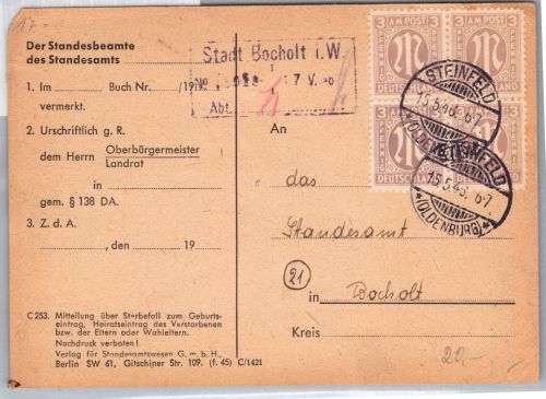 Alliierte Bestzung 1 z im 4er Block auf Postkarte Mehrfachfrankatur #DCI71